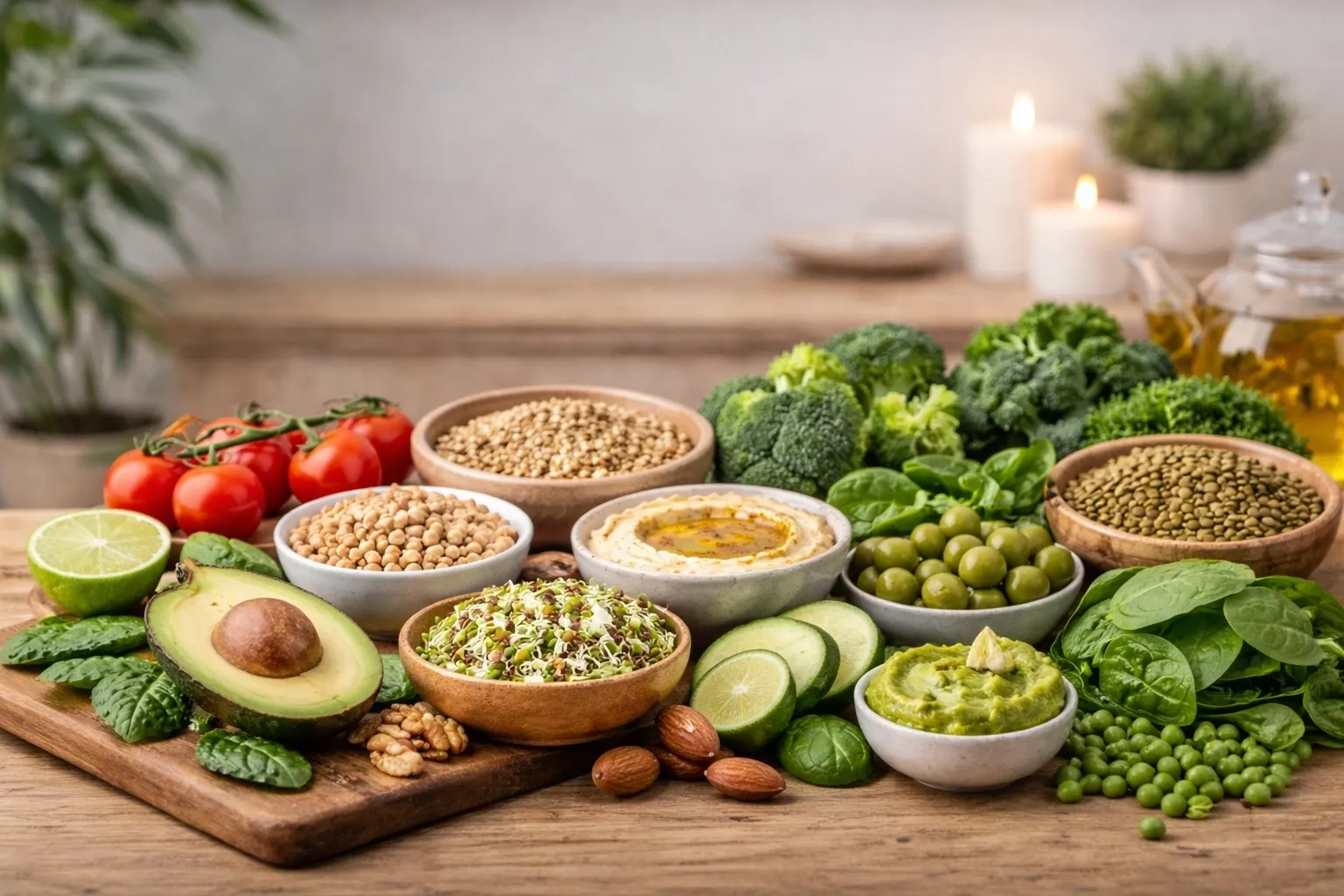 Fresh vegetables and grains on wooden table.