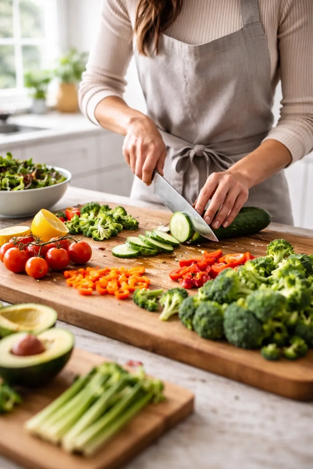Person chopping vegetables on wooden cutting board.