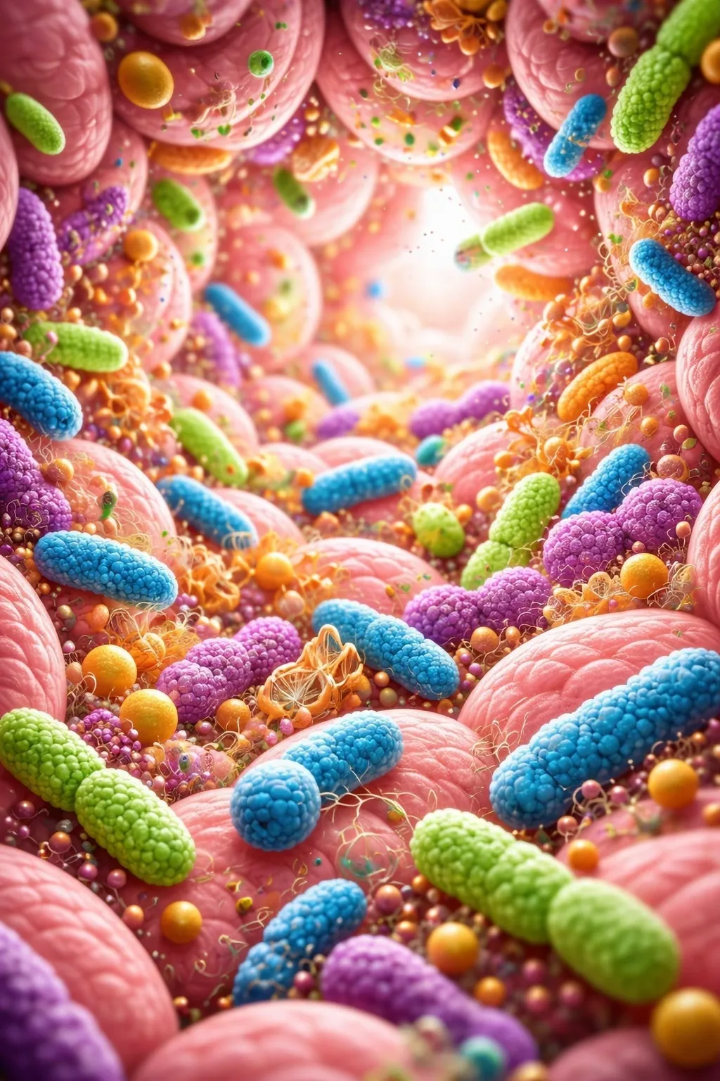 Colorful microscopic view of intestinal bacteria.