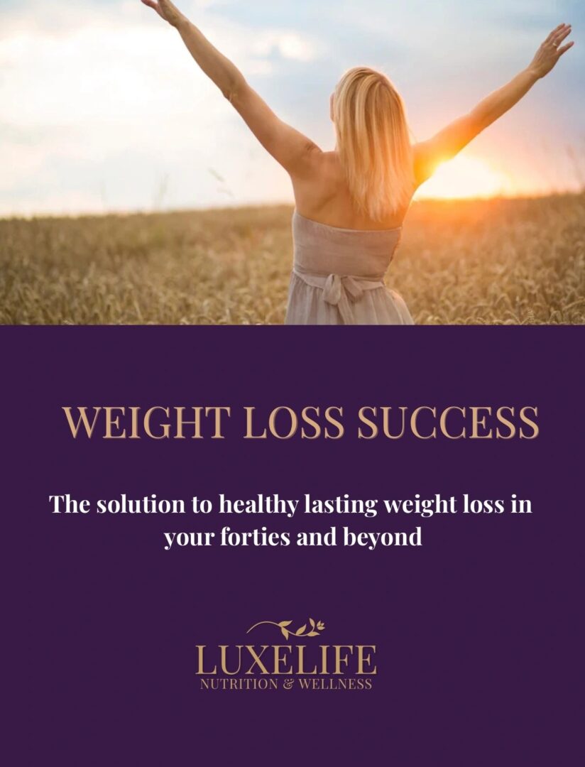 Woman celebrating weight loss in field.