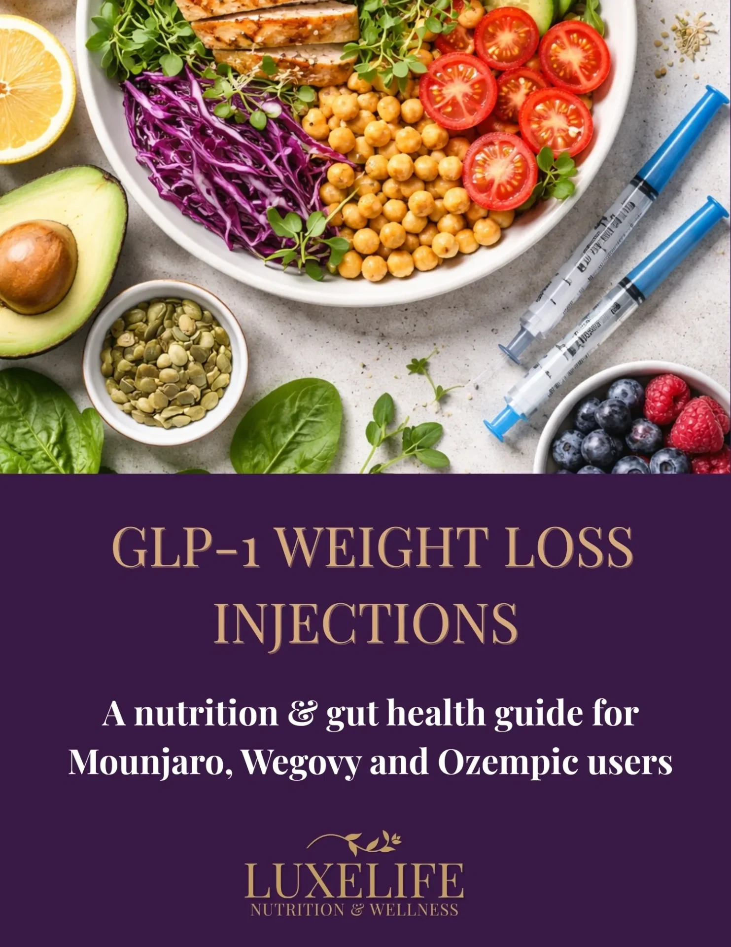 Weight loss injections guide with healthy foods.